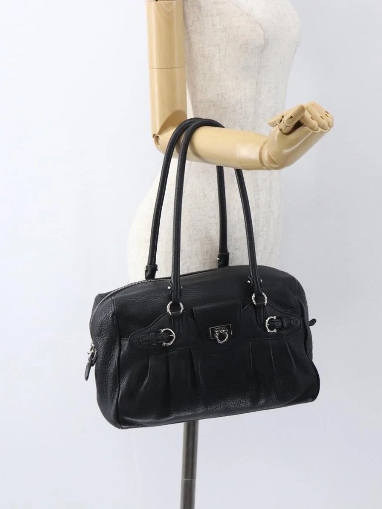 Salvatore Ferragamo Gancini Hand Bag Leather Black Silver